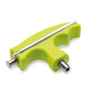 Lime-green inline skate tool with metal blade for rotating wheels and cleaning bearings.