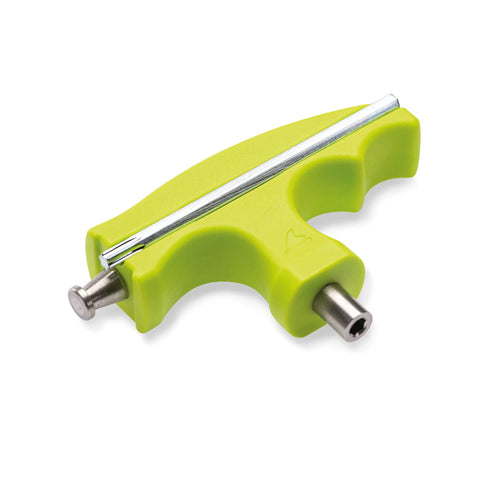 Lime-green inline skate tool with metal blade for rotating wheels and cleaning bearings.