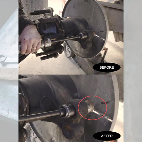Before and after using Beast Mode Pneumatic Bushing Driver Set For 1 And 3 Eighths Inch Anchor Pins And Bushings Eleven And A Half Inch Long Drive Two Piece Kit For Truck And Trailer Removal And Installation Of Stuck Pins
