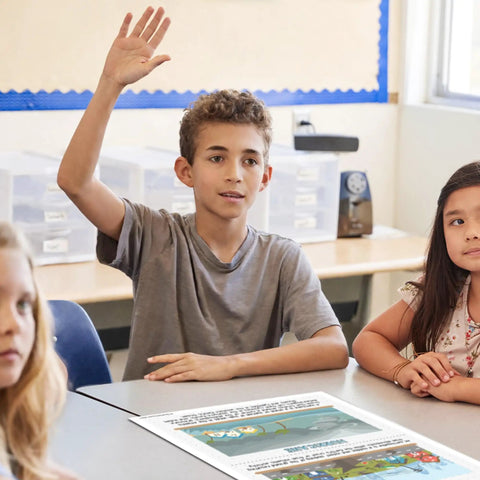 Students in a classroom with Five Natural Disasters Poster Set For Science Classrooms, 12 x 18 Inches Wall Charts on desk.