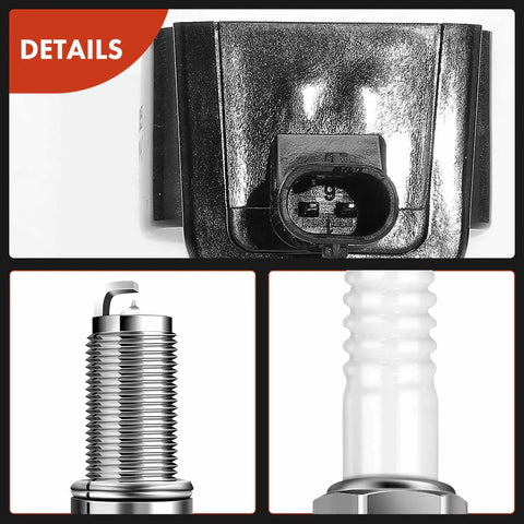 Close-up details of Set Of 4 Ignition Coil Packs And Iridium Spark Plugs For Jeep Cherokee Compass Renegade Ram ProMaster City Chrysler 200 Dodge Dart Fiat 500X Ready To Go Compatible With 2.4L L4 Engines Across These Models.