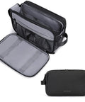 Travel Toiletry Organizer Dopp Kit For Men Large Water Resistant Shaving Bag in black, open and closed views, showing compartments and design.