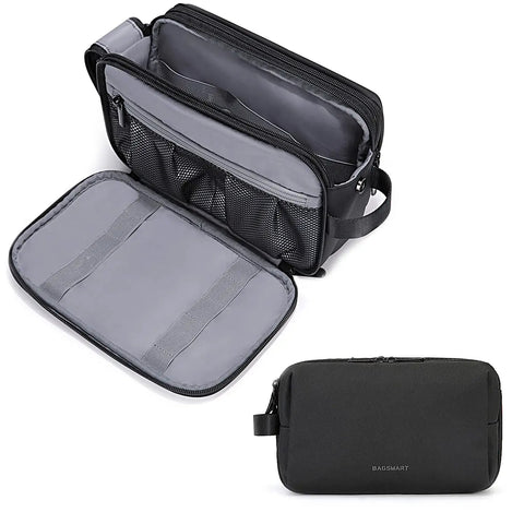 Travel Toiletry Organizer Dopp Kit For Men Large Water Resistant Shaving Bag in black, open and closed views, showing compartments and design.