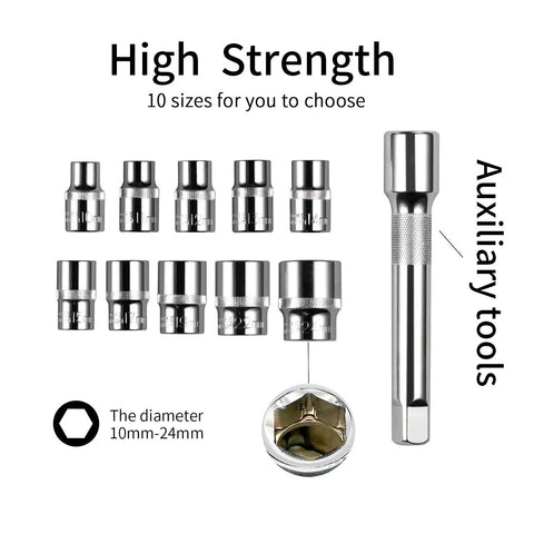 One Half Inch Drive Ratchet Socket Set With Ten Sockets From Ten Through Fifteen Seventeen Nineteen Twenty Two Twenty Four Millimeter Plus Two Way Quick Release Ratchet Handle And Extension Bar Chrome Vanadium Steel Built For Durability showing sockets and extension bar