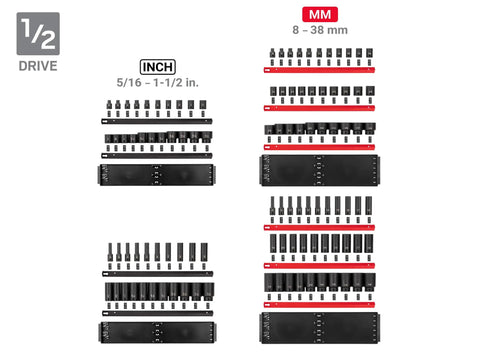 230-Piece Impact Socket Set With Rails And Trays, 1/2 Inch Drive, 6-Point, SAE And Metric Sizes, Shown with Organized Trays