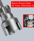 Heavy Duty PVC Pipe Threading Tool Kit For 1/2 And 3/4 Inch Lines Cut Internal External Threads Fast With Standard Drill close-up of sharp cutter.
