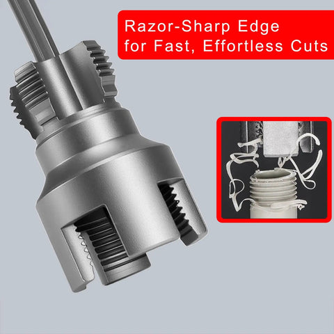 Heavy Duty PVC Pipe Threading Tool Kit For 1/2 And 3/4 Inch Lines Cut Internal External Threads Fast With Standard Drill close-up of sharp cutter.