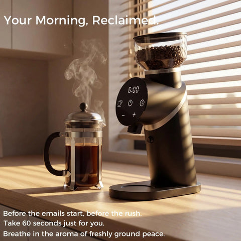 Talia Electric Coffee Grinder With 48Mm Titanium Plated Conical Burrs For Uniform Grinds beside a steaming French press.