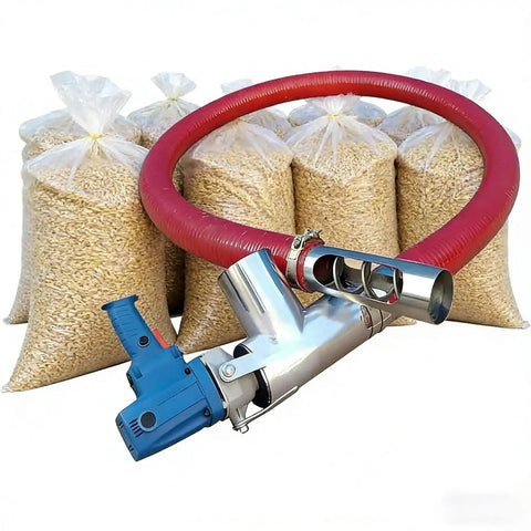 Powerful 2000W Grain Suction System with red hose and blue handle in front of grain bags