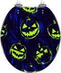 Round Resin Toilet Seat for Bathroom featuring vibrant pumpkin designs on a dark background, 16.5" x 14.5" size.