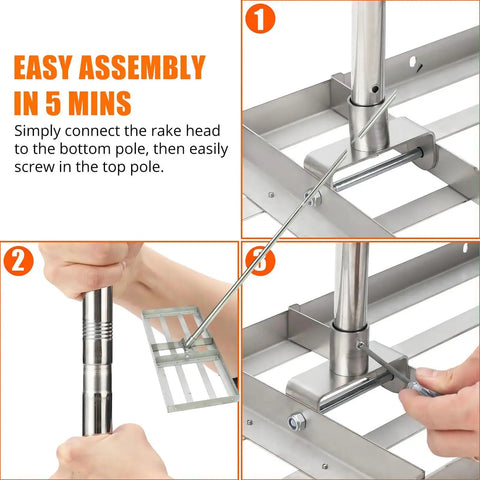 Assembly process of 36 Inch Lawn Leveling Rack With Adjustable 72 Inch Handle Stainless Steel Leaf Rack Yard Leveling Rake