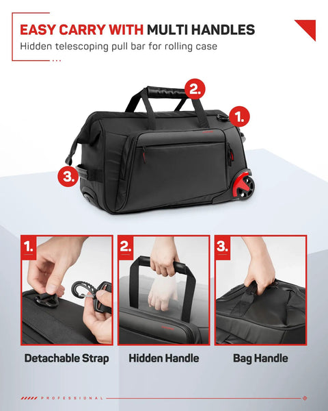 35L Rolling Camera Bag With Side Access And Wheels Two In One Travel DSLR Backpack showing detachable strap, hidden and bag handles.
