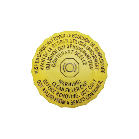 Top view of yellow Brake Master Cylinder Fluid Reservoir Cap for Jeep Wrangler Cherokee 68211910AB with embossed warning text
