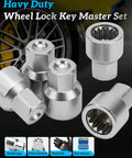 Wheel Lock Removal Kit With Master Key For Porsche And VW Touareg, 20 Precision Cut Sockets shown beside car wheel.