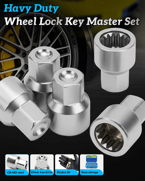 Wheel Lock Removal Kit With Master Key For Porsche And VW Touareg, 20 Precision Cut Sockets shown beside car wheel.