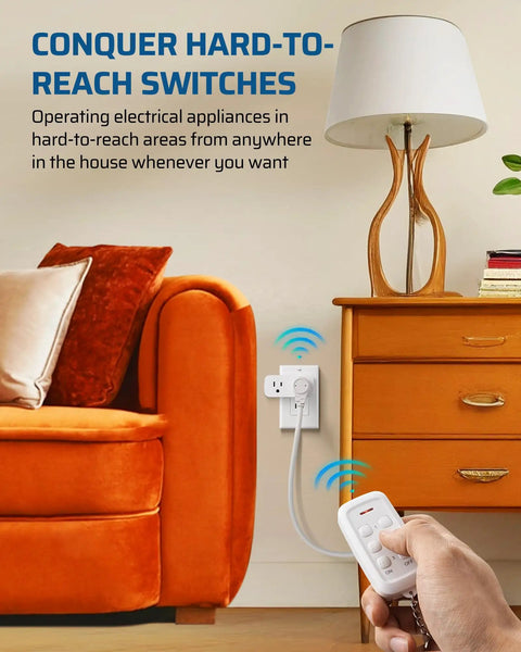 Wireless Remote Control Outlet With Dual Independent Sockets That Work Separately No Interference No Wiring Needed Plug And Play Ready 15A 1875W Peak Power 100 Foot Range Ideal For Lamps And Electronics