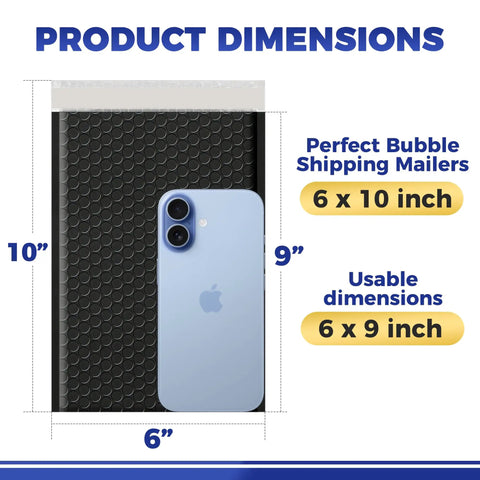 110 Count Self Sealing Bubble Mailers 6x10 Inch Waterproof Padded Envelopes With 6x9 Inch Usable Space shown with phone