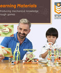 Father and son using 14 In 1 STEM Building Kit For Kids Ages 8 To 12 With 218 Pieces And Motor Electric Educational Construction Science Toys