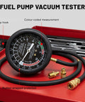 Fuel pump vacuum tester with black gauge and brass fittings in red toolbox for Heavy Duty Auto Fuel Pump And Vacuum Test Gauge Kit Badass Brass Fittings Tight Seal No Sweat Carburetor Diagnostic Gear For Muscle Cars Hot Rods And Work Trucks.