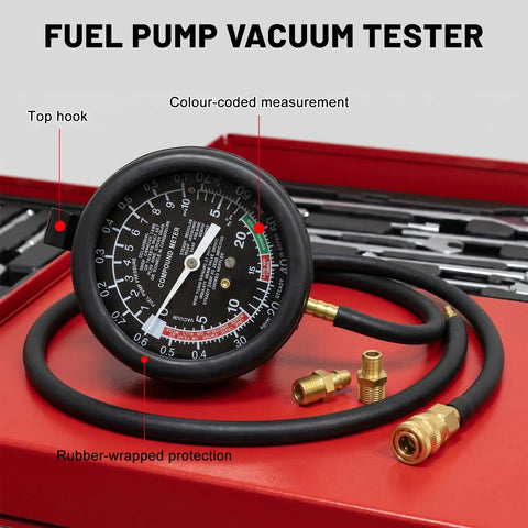 Fuel pump vacuum tester with black gauge and brass fittings in red toolbox for Heavy Duty Auto Fuel Pump And Vacuum Test Gauge Kit Badass Brass Fittings Tight Seal No Sweat Carburetor Diagnostic Gear For Muscle Cars Hot Rods And Work Trucks.