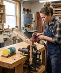 Woodworker using random orbital sander with 100 Pack 6 Inch 6 Hole Sanding Discs Set Dope Value on wood project in workshop.