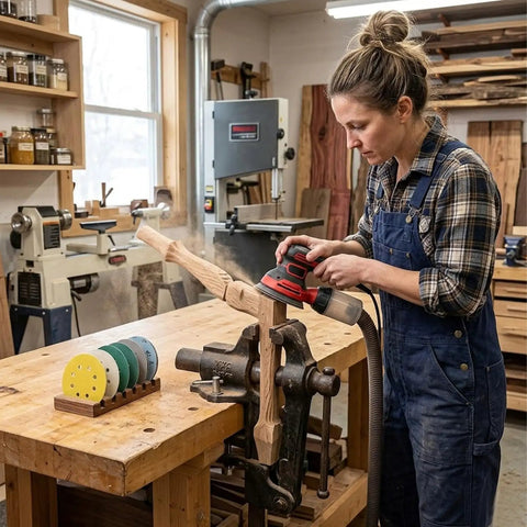 Woodworker using random orbital sander with 100 Pack 6 Inch 6 Hole Sanding Discs Set Dope Value on wood project in workshop.