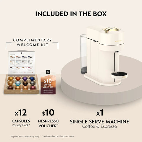 Box contents of Vertuo Next Coffee And Espresso Maker By DeLonghi In Creamy White With Gold Slim And Modern Brew For 5 8 12 And 18 Oz Coffees Plus Single And Double Espressos Hot Or Iced Great For Home Barista Style, includes capsule variety pack and voucher.
