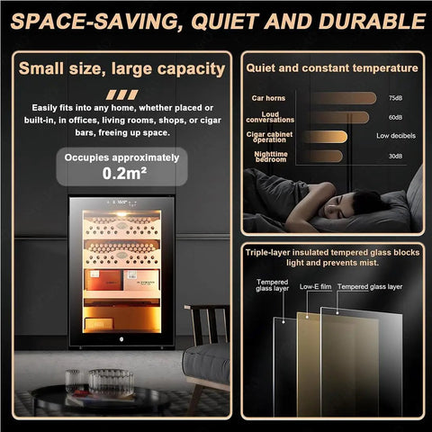 Top Shelf Electric Cigar Humidor For Men Kickass Cedar Wood Cabinet With Digital Hygrometer And Gold Plated Hardware That Keeps Three Hundred Cigars Fresh On Any Real Dudes Solid Rack, showcasing a compact design.