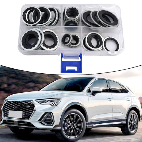 Garage Grade Car AC Compressor Seal Kit With Gasket Set, 45 Pieces, 6 Sizes, visible seals and organized box with car backdrop