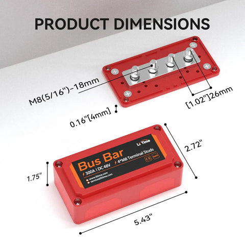 Premium Copper Bus Bar Power Distribution Block 300 Amp 4 M8 Studs 48V DC Max Red showing dimensions and features