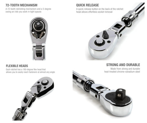 Extendable Flex Head Ratchet Tool Set with 1/4 3/8 1/2 inch drives showing 180 degree flex heads and chrome vanadium steel
