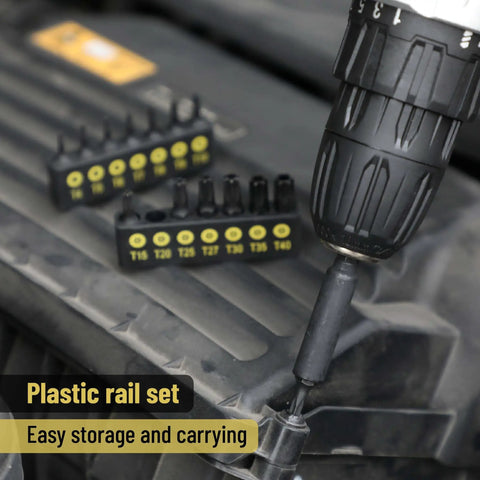 Heavy Duty 15 Piece Torx Bit Set T4 Through T40 Tamper Proof Security Star Bits 1/4 Inch Hex Shank on a plastic rail set.