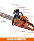 Beast 62cc Gas Powered Chainsaw With 20 Inch Bar showing labeled components for tree cutting and firewood, easy start.