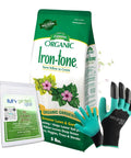 Iron-Tone 5 Lb Iron Supplement For Deeper Green Lawns And Garden Plants, Includes 20-Count PH Soil Test Strips, Superior Gardening Claw Gloves