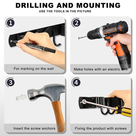 Installation steps for Stainless Steel Rustproof Broom Holder Wall Mount With Four Slots And Six Hooks Built Tough Mop Hanger