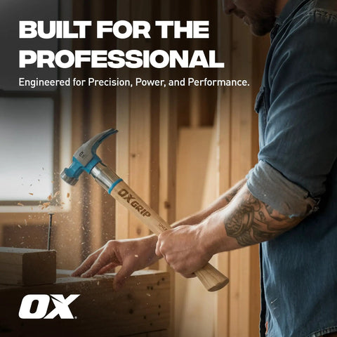 Man using Framing Hammer 22 Oz With Milled Face And Curved Hickory Wood Handle, Steel Overstrike Protection, Pro Grade Carpenter Tool.
