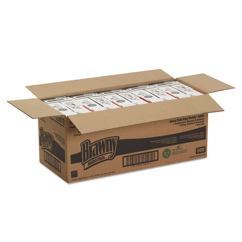 Heavy Duty HEF Industrial Shop Towels 500 Count Case Of 5 Boxes White 9.1 Inch By 16.5 Inch Wipers Tear Resistant Low Lint For Grime Busting Solvent Cleanup With Portable Dispenser
