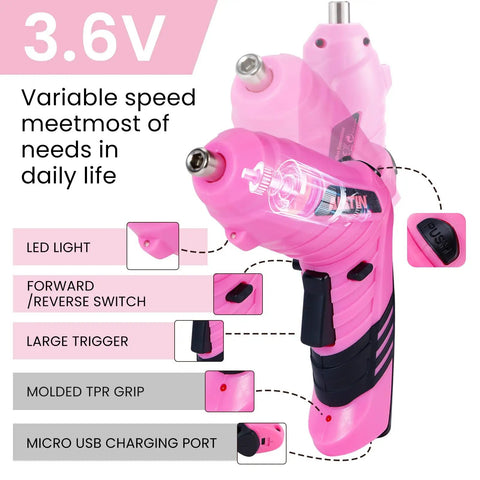 Pink Tool Set For Women 136 Piece Home DIY Kit With 3.6V USB Electric Screwdriver cordless drill driver detailed features