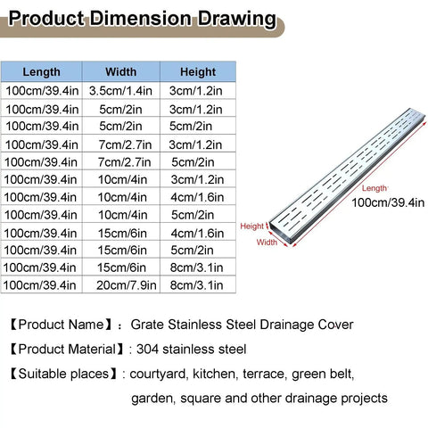 Heavy Duty Stainless Steel Trench Drain Kit 304 outdoor drainage dimensions and specifications drawing