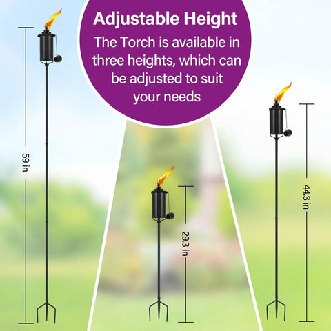 Outdoor Metal Torch Set Of Six, 16 Oz Citronella Torches With 59 Inch Adjustable Height, Grounded 3 Prong Stakes in three sizes