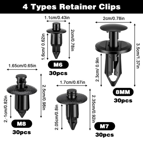 Four types of 120 Piece Plastic Push Pin Clips Set For UTV ATV Motorcycle M6 M7 M8 Fasteners And Retainers, labeled with sizes.