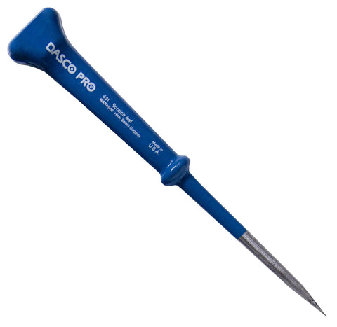 Heavy Duty Seven Inch Scratch Awl Rock Solid Drop Forged Steel Marking Tool With Dead On Precision for DIY work, blue handle, sharp tip.