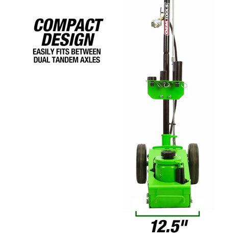 Green 22 Ton Heavy Duty Air Hydraulic Floor Jack With Low Profile Design For Tight Tandem Axle Access, compact shown at 12.5 inches