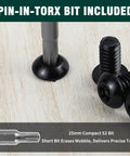Close-up of T30 security bit and black M6 by 20mm button head Torx machine screws in stainless steel.