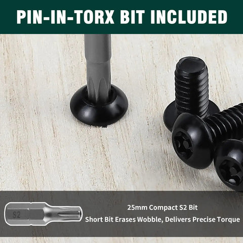 Close-up of T30 security bit and black M6 by 20mm button head Torx machine screws in stainless steel.