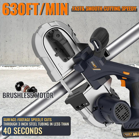 Cordless Metal Bandsaw With Brushless Motor, 20V Max, cutting metal pipe, sparks free, portable band saw for deep cuts