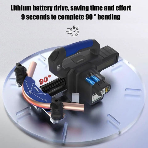 Heavy Duty Cordless Electric Tube Bender Machine With Hydraulic Power Kit And Four Dies, featuring battery drive and 90° angle guide.