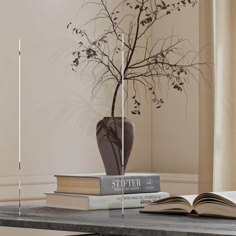 Transparent glass panel showing blurred view of books and plant behind, highlighting the clarity and finish quality of the material.