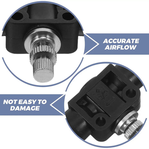 Three Pack Pneumatic Flow Control Valves With Push To Connect Tube Fittings High Pressure Tolerance And Precise Flow Adjustment For Air Cylinders And PU Tubing In Industrial Automation Kit, black metal valve close-up