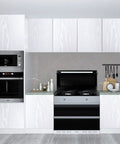 Kitchen cabinets covered with White Wood Peel and Stick Wallpaper Roll 15.8 x 394 Inches For Cabinets, Countertops, Desks, Dining Tables